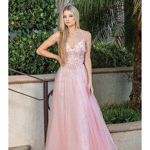 New A-Line Sleeveless Tulle Dress w/ Floral Lace & Beads Emberoidery DQ 4276